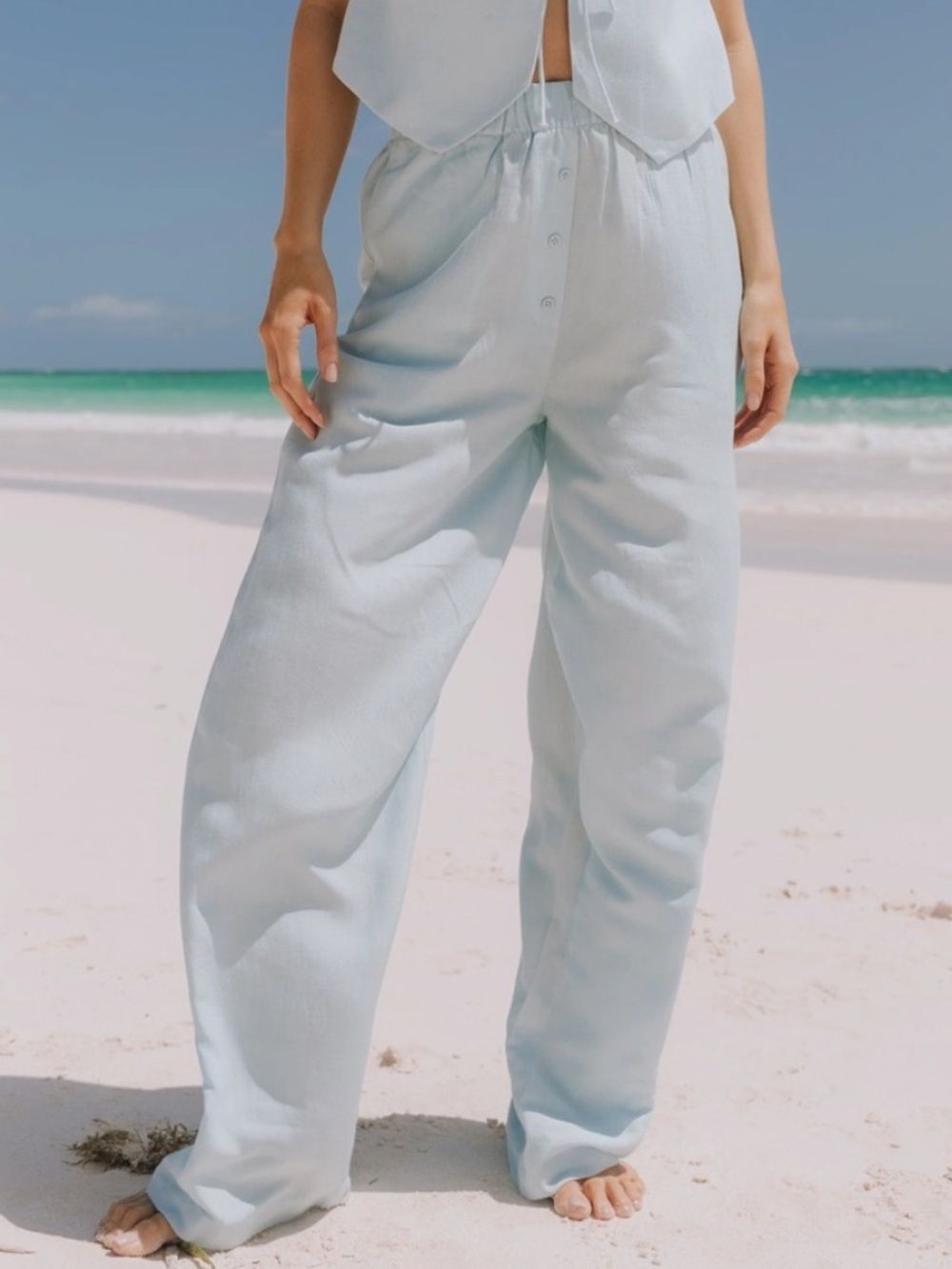 Daily Drills Light Blue Linen Blend Wide Leg Pull-On Resort Beach Pants M/L NWT